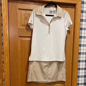 Chico's Golf 2 Piece Set. Cream & Tan Accents with matching Skort